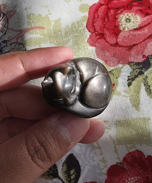 Silver Sheen Obsidian Cat - One Individual Cat Carving