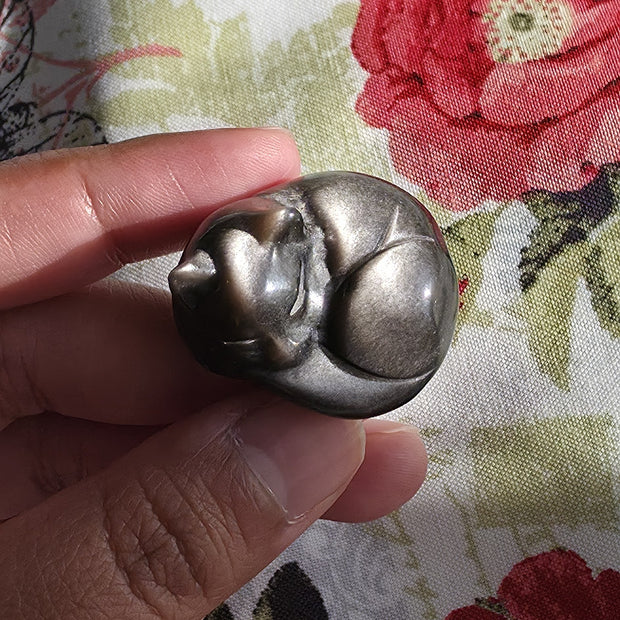 Silver Sheen Obsidian Cat - One Individual Cat Carving